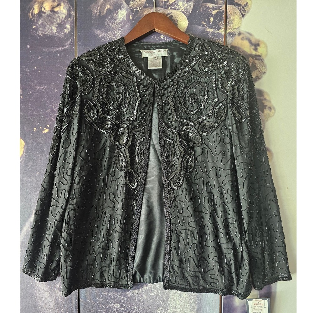 Adrianna Papell Evening Beaded Sequin‎ Jacket Bolero Black Party Elegant Size M - Picture 2 of 11